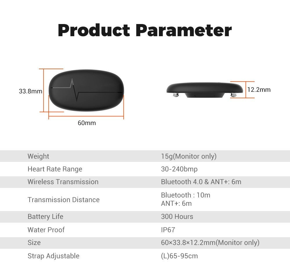 Bluetooth 40 waterproof chest heart rate monitor parameters for fitness, gym, and workout self-improvement.