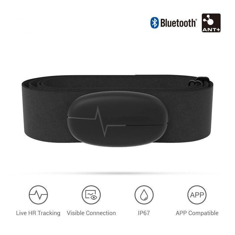 Bluetooth waterproof chest heart rate monitor for fitness, gym workouts; perfect for self-improvement. Black design with USB charging.