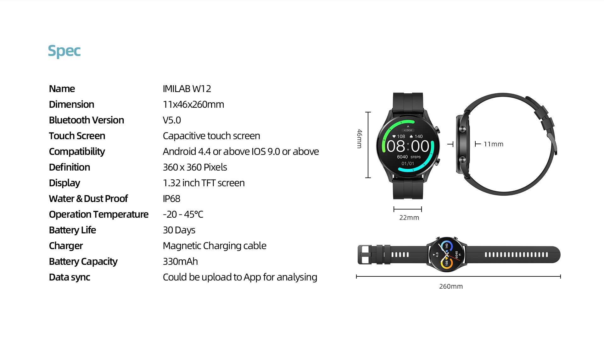 IMILAB W12 Smart Watch For Men Women Bluetooth Sports Fitness Tracker Heart Rate IP68 Waterproof -Black